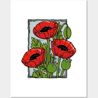 Poppies, Vintage style flower stamp (colored) Posters and Art